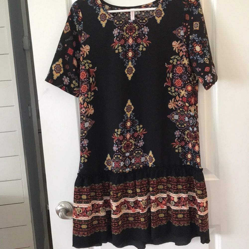 Dropwaist black floral print dress
